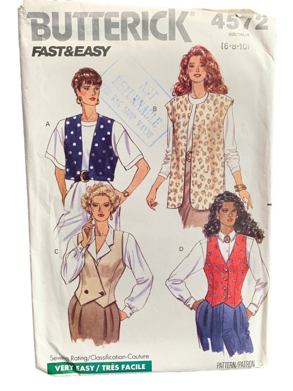 Butterick 4572 Fast & Easy Vest Sewing Pattern Size 6 8 10 Uncut 90s